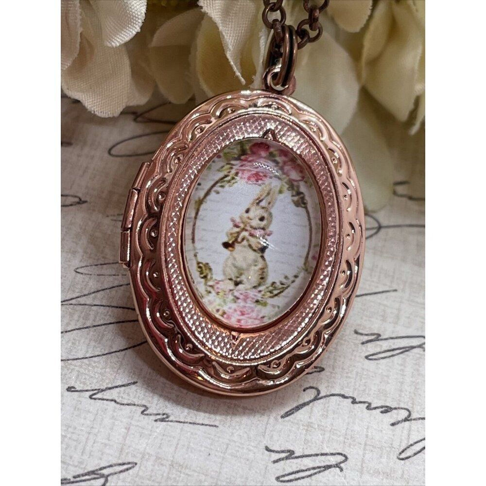 Rose Gold Easter Bunny Rabbit Locket Necklace Jewelry Pendant Pink Basket Shabby